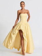 Women’s Butter Yellow Elegant Strapless Sleeveless A-Line Maxi Dress with Ruched Bodice, High-Low Hem and Lace-Up Back