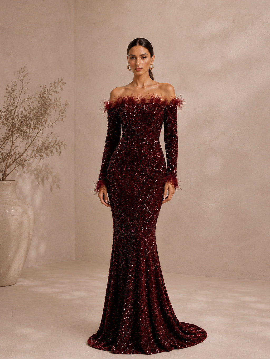 Damen bordeauxrotes, luxuriöses Pailletten-Off-Shoulder-Maxikleid mit langen Ärmeln im Meerjungfrauen-Stil