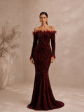 Damen bordeauxrotes, luxuriöses Pailletten-Off-Shoulder-Maxikleid mit langen Ärmeln im Meerjungfrauen-Stil