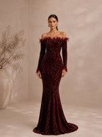 Damen bordeauxrotes, luxuriöses Pailletten-Off-Shoulder-Maxikleid mit langen Ärmeln im Meerjungfrauen-Stil