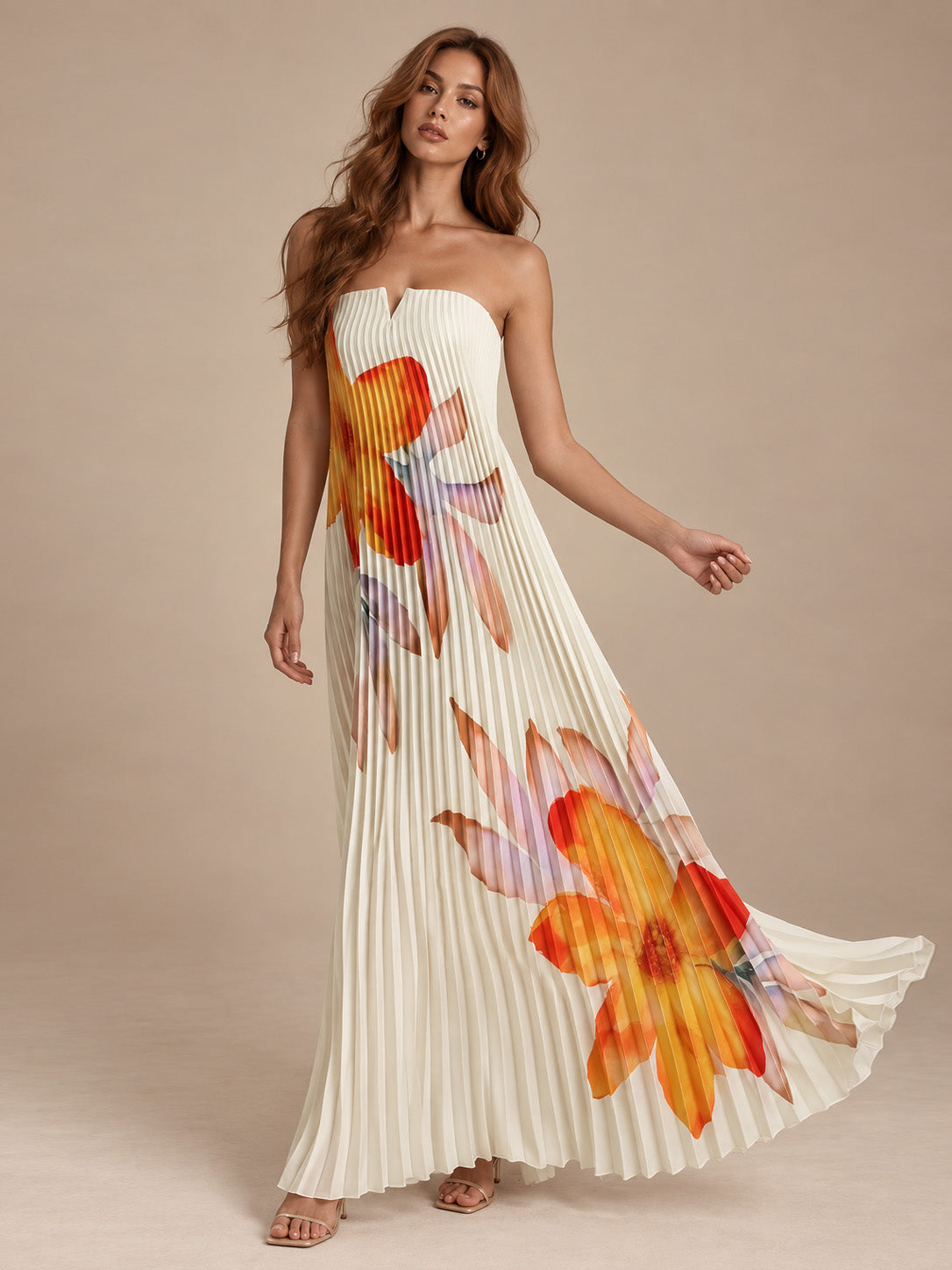 Women’s Ivory Elegant Pleated Strapless Floral Print A-Line Maxi Dress with Notched Neckline