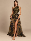 Women’s Olive Green Elegant Satin One Shoulder Sleeveless Floral Chiffon High Slit Maxi Dress with Corsage Detail