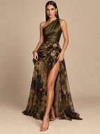 Women’s Olive Green Elegant Satin One Shoulder Sleeveless Floral Chiffon High Slit Maxi Dress with Corsage Detail