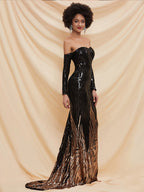 Women’s Black and Gold Elegant Sequin Off Shoulder Long Sleeve Mermaid Maxi Dress with Embroidered Pattern
