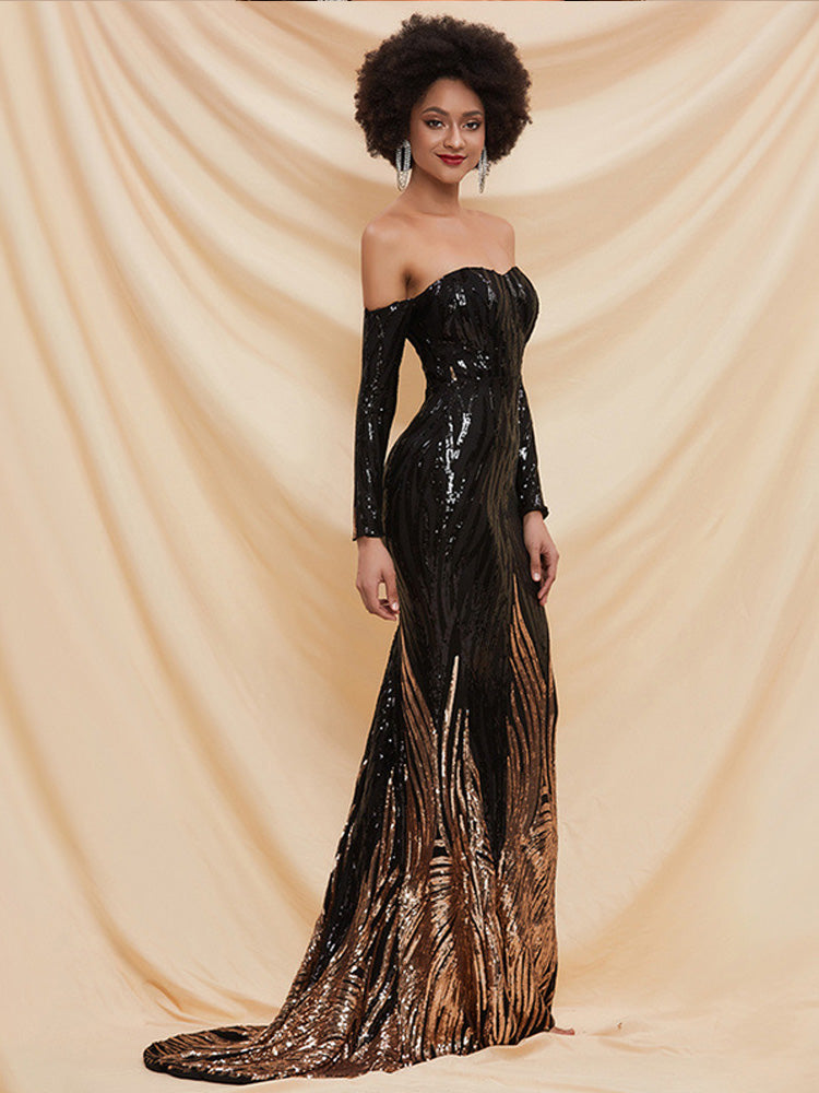 Women’s Black and Gold Elegant Sequin Off Shoulder Long Sleeve Mermaid Maxi Dress with Embroidered Pattern