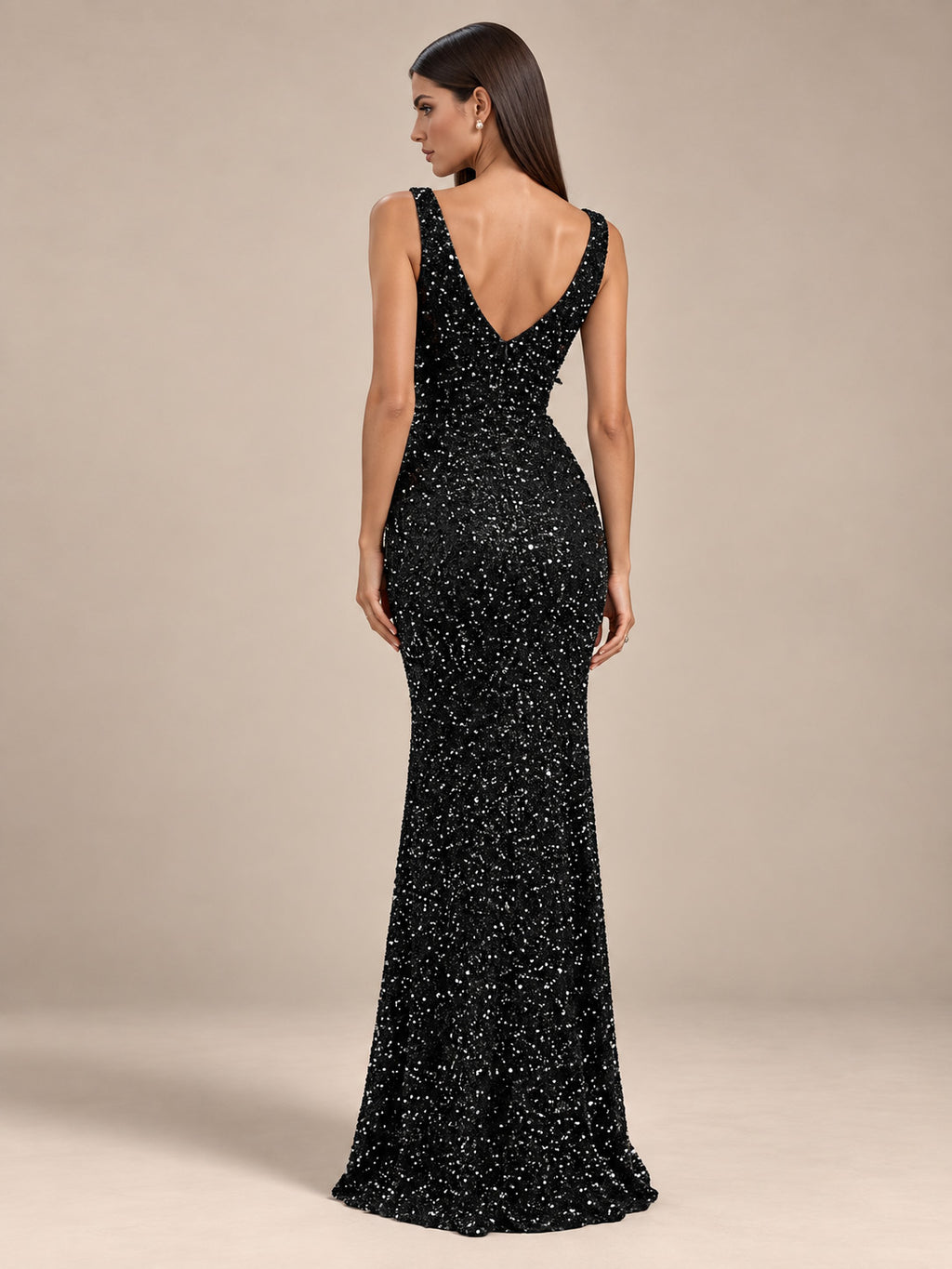 Women’s Black Elegant Sequin V-Neck Sleeveless High Slit Maxi Dress with Waist Bow Detail