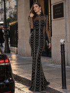 Women’s Black Luxury Sequin Mesh High Neck Long Sleeve Mermaid Maxi Dress with Draped Crystal Pattern
