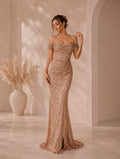 Women’s Glamorous Sequin Spaghetti Strap Cold Shoulder Slim Mermaid Maxi Dress with High Slit