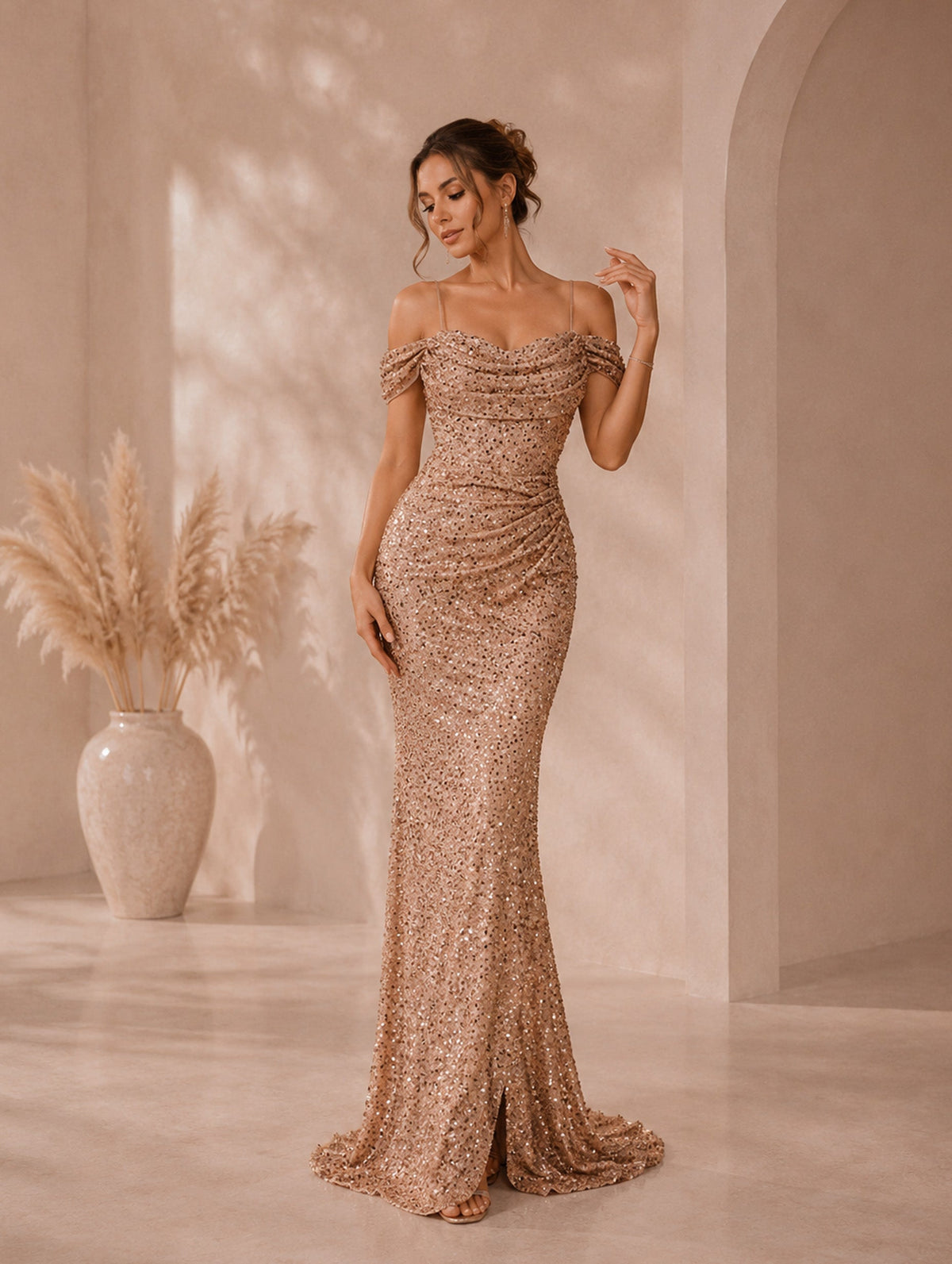 Women’s Glamorous Sequin Spaghetti Strap Cold Shoulder Slim Mermaid Maxi Dress with High Slit