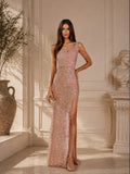 Women’s Glamorous Sequin Asymmetrical Neck Sleeveless Slim Maxi Dress with Beaded Shoulder Chain Detail, Cutout and High Slit