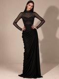 Women’s Elegant Mesh High Neck Long Sleeve Sheath Maxi Dress with Rhinestone Embellishment and Asymmetric Ruched Detail