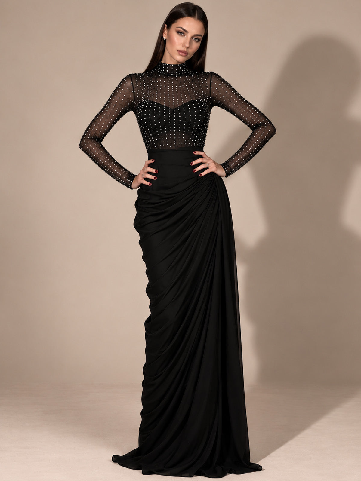 Women’s Elegant Mesh High Neck Long Sleeve Sheath Maxi Dress with Rhinestone Embellishment and Asymmetric Ruched Detail
