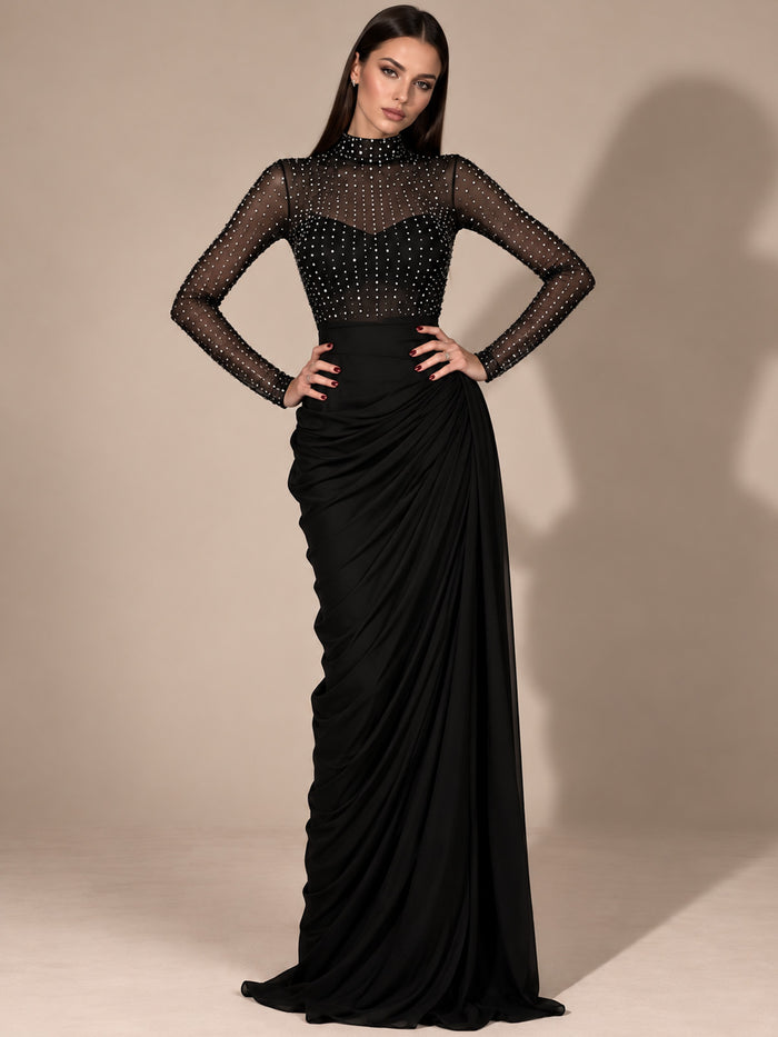Women’s Elegant Mesh High Neck Long Sleeve Sheath Maxi Dress with Rhinestone Embellishment and Asymmetric Ruched Detail