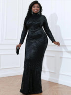 Women’s Black Glamorous Geometric Sequin High Neck Long Sleeve Mermaid Maxi Dress, Plus‑Size Friendly