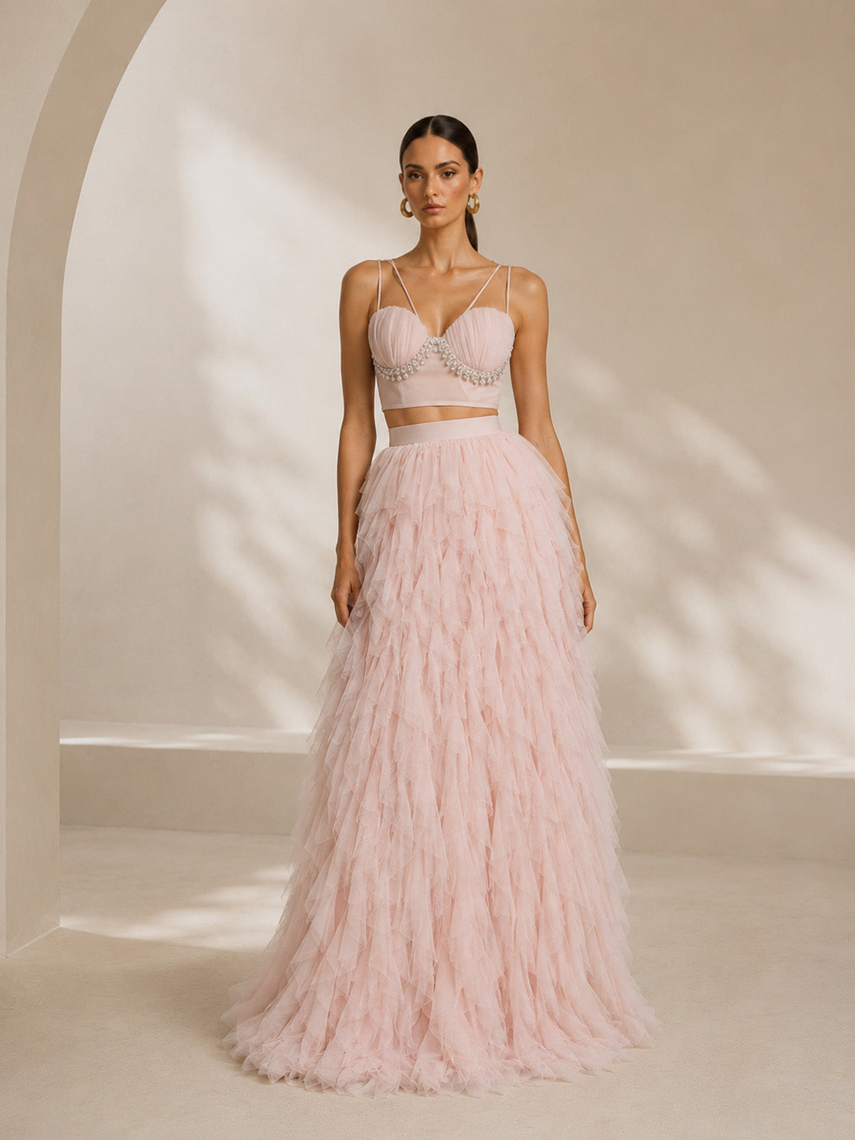 Women’s Beige Romantic Tulle Sweetheart Neck Sleeveless A-Line Maxi Dress Set