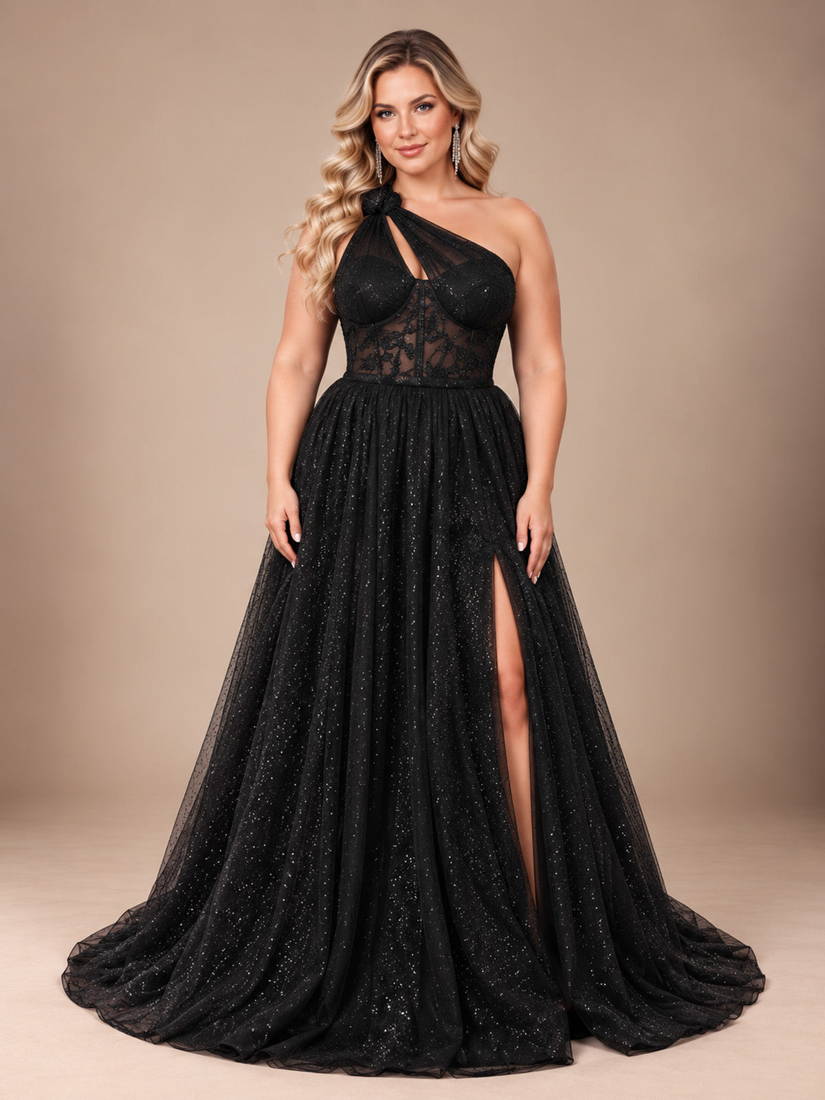 Women’s Black Glamorous Glitter One Shoulder Sleeveless A-Line Maxi Dress with Sheer Lace Corset and High Slit