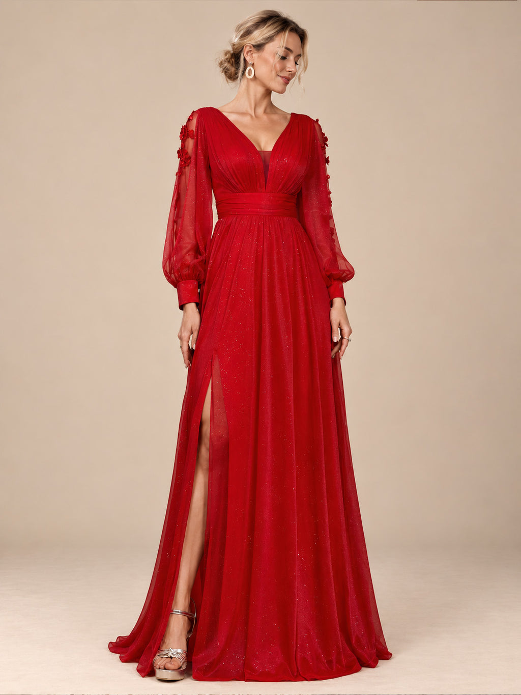 Women’s Red Elegant Glitter V-Neck Sheer Long Sleeve A-Line Maxi Dress with Floral Appliqué and High Slit
