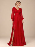 Women’s Red Elegant Glitter V-Neck Sheer Long Sleeve A-Line Maxi Dress with Floral Appliqué and High Slit