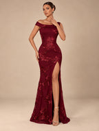 Women's Romantic Burgundy Floral Embroidered One Shoulder Slit Mermaid Maxi Evening Dress