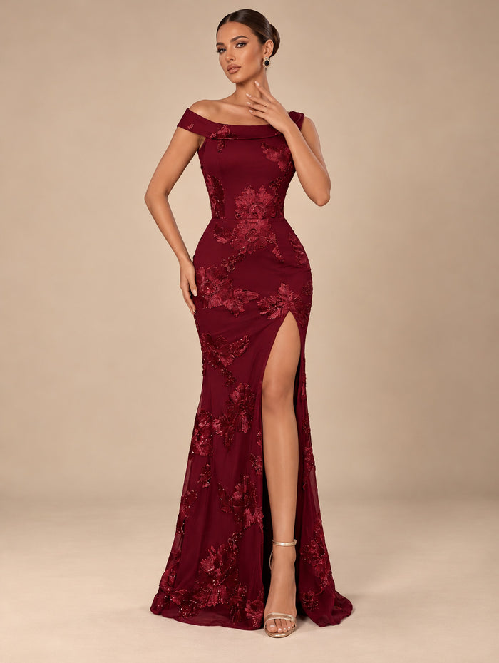 Women's Romantic Burgundy Floral Embroidered One Shoulder Slit Mermaid Maxi Evening Dress