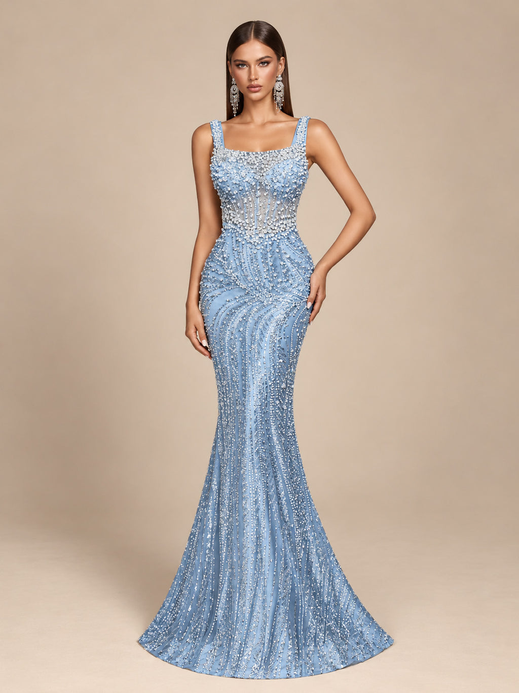 Women’s Light Blue Elegant Crystal Mesh Square Neck Sleeveless Mermaid Maxi Dress with Bead Embroidery