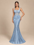 Women’s Light Blue Elegant Crystal Mesh Square Neck Sleeveless Mermaid Maxi Dress with Bead Embroidery