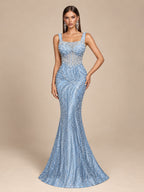 Women’s Light Blue Elegant Crystal Mesh Square Neck Sleeveless Mermaid Maxi Dress with Bead Embroidery