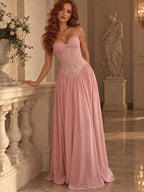 Women’s Blush Pink Elegant Chiffon Sweetheart Neck Spaghetti Strap A-Line Maxi Dress with Lace Corset Detail