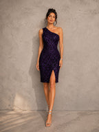 Women’s Purple Glamorous Sequin One Shoulder Sleeveless Slim Mini Dress