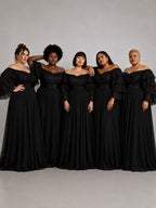 Women’s Black Glamorous Chiffon Off Shoulder Layered Long Sleeve A-Line Maxi Dress with Sequin Bodice Detail