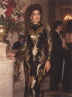 Women’s Black Gold Vintage Sequin Polyester Blend Stand Collar Long Sleeve Fitted Mermaid Maxi Prom Dress