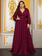 Women’s Burgundy Elegant Chiffon V-Neck Long Sleeve A-Line Maxi Dress with Ruffle Detail