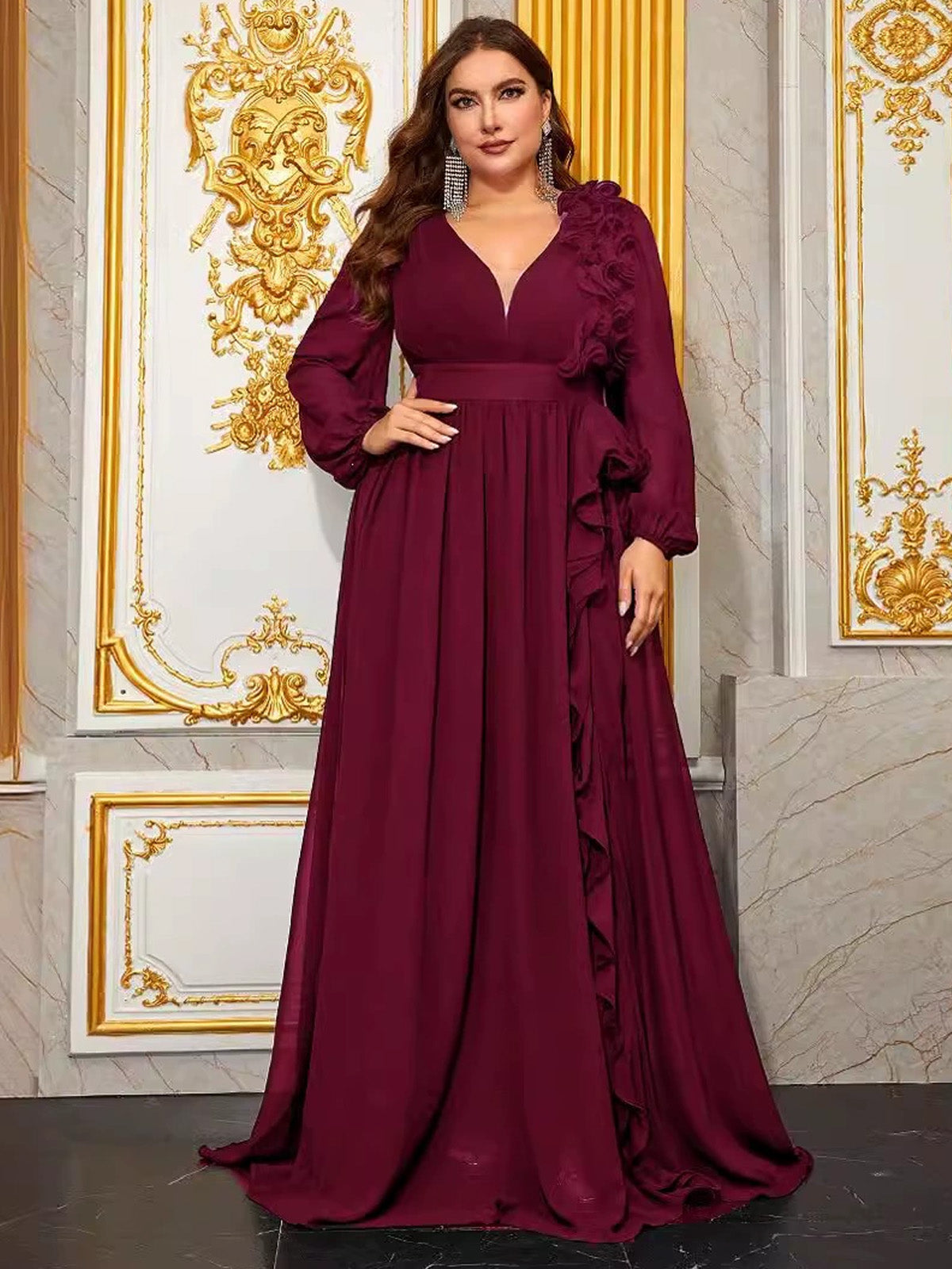 Women’s Burgundy Elegant Chiffon V-Neck Long Sleeve A-Line Maxi Dress with Ruffle Detail