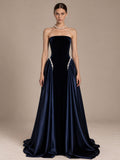 Women’s Navy Blue Elegant Velvet Strapless Sleeveless A-Line Maxi Dress with Pearl Embellishment and Lace-Up Back Detail