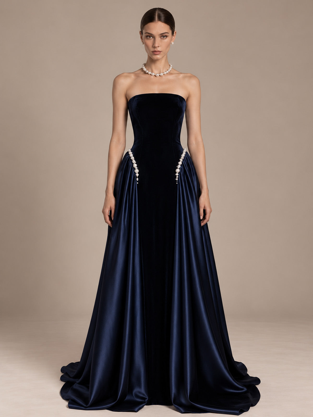 Women’s Navy Blue Elegant Velvet Strapless Sleeveless A-Line Maxi Dress with Pearl Embellishment and Lace-Up Back Detail