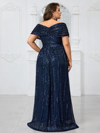 Women’s Navy Blue Glamorous Sequin Mesh V Neck Short Sleeve A-Line Maxi Dress with Pleated Wrap Bodice Detail
