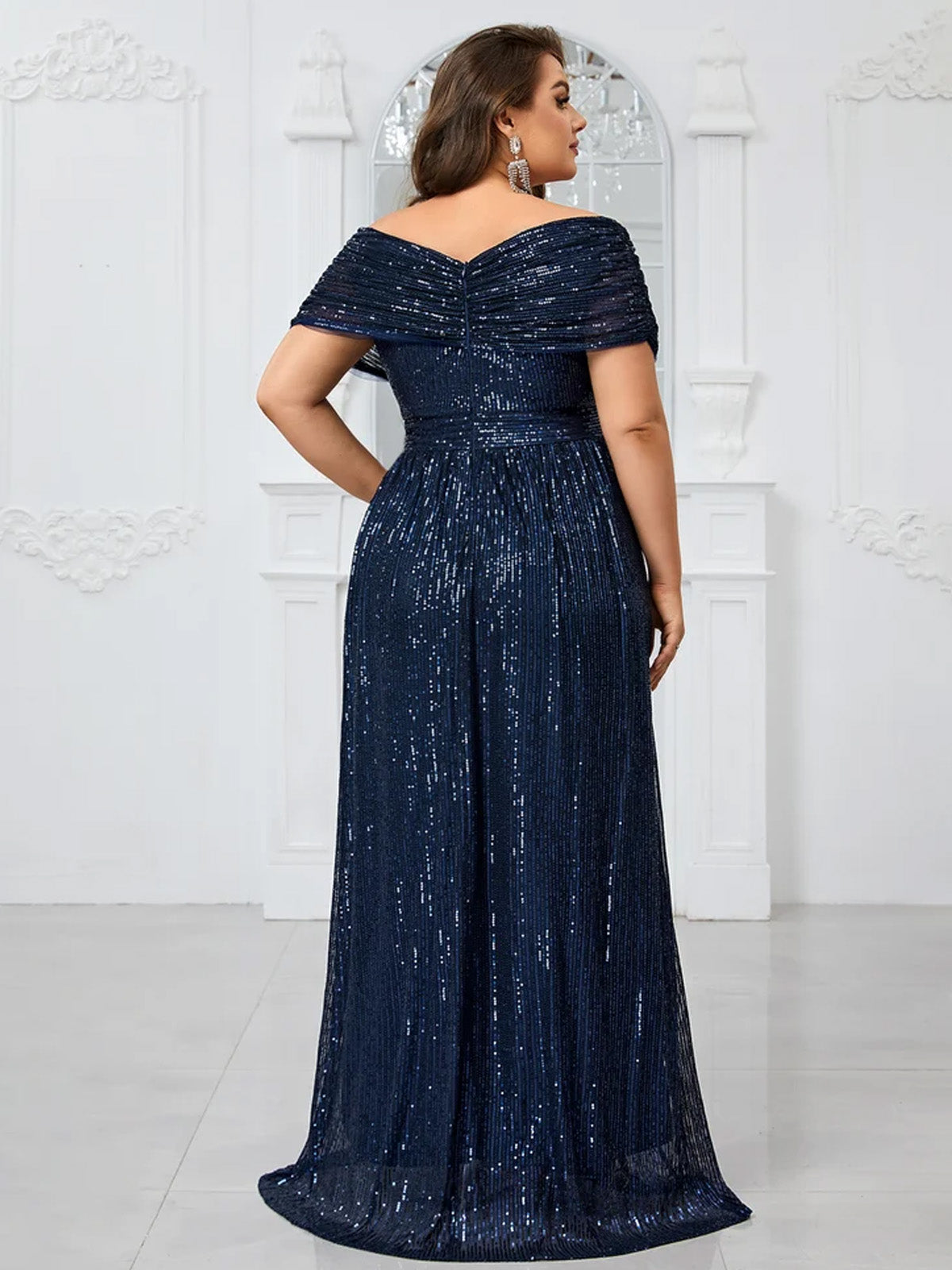 Women’s Navy Blue Glamorous Sequin Mesh V Neck Short Sleeve A-Line Maxi Dress with Pleated Wrap Bodice Detail