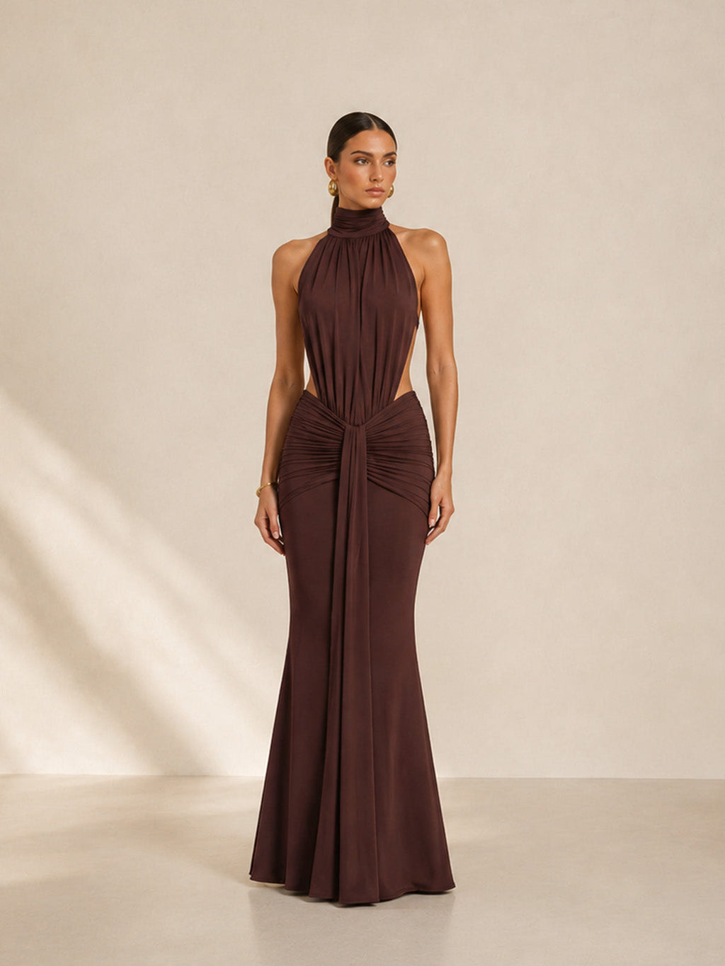 Women’s Brown Draped Jersey Halter Neck Sleeveless Slim Mermaid Maxi Dress