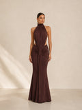Women’s Brown Draped Jersey Halter Neck Sleeveless Slim Mermaid Maxi Dress