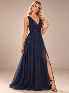 Women’s Navy Blue Elegant Glitter V-Neck Sleeveless A-Line Maxi Dress with Ruched Waist and High Slit