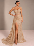 Women’s Champagne Gold Glamorous Sequin One Shoulder Sleeveless Mermaid Maxi Dress with Ruched Detail, High Slit and Lace-Up Back