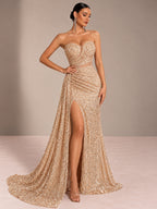 Women’s Champagne Gold Glamorous Sequin One Shoulder Sleeveless Mermaid Maxi Dress with Ruched Detail, High Slit and Lace-Up Back