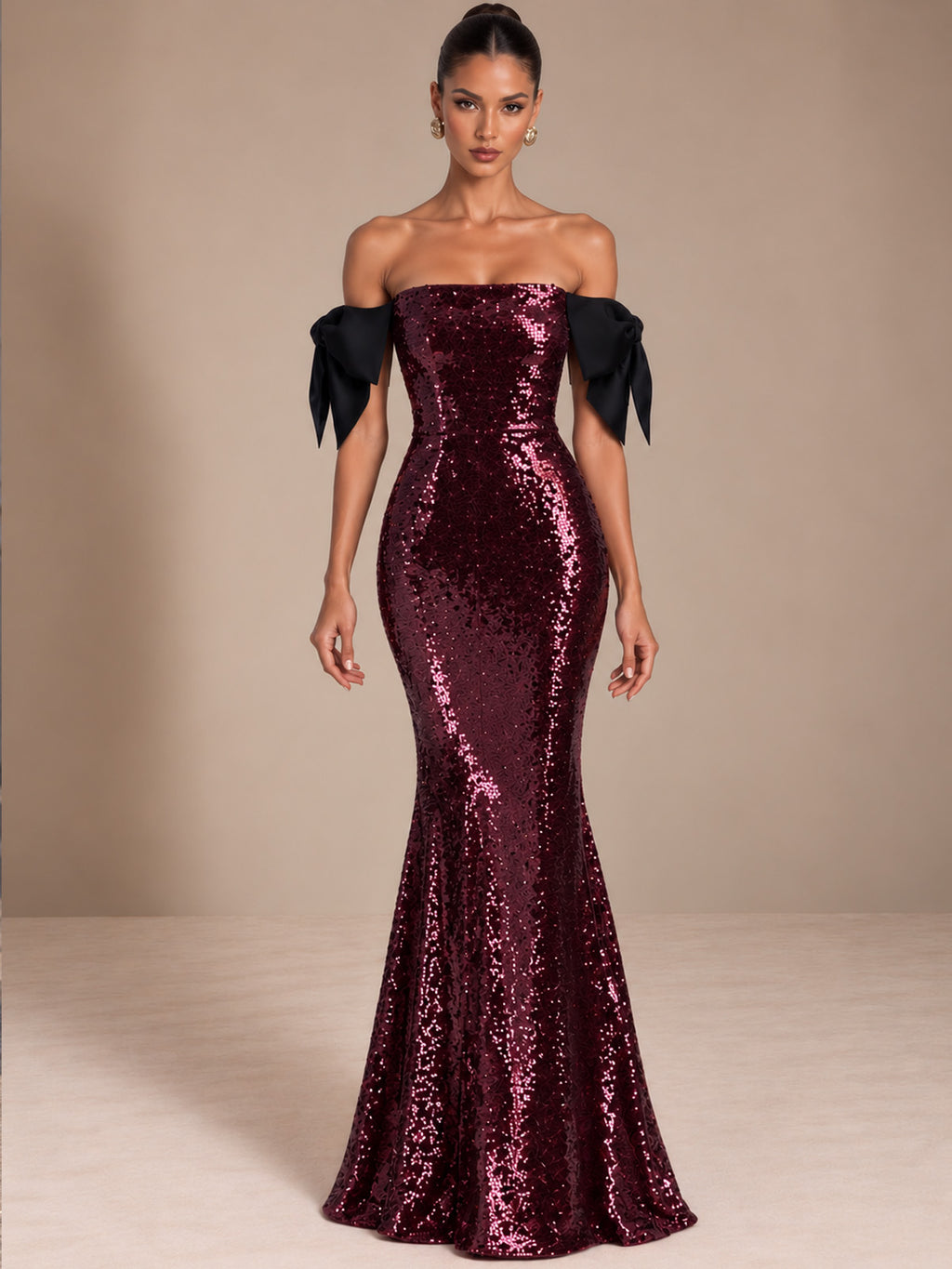 Women’s Burgundy Purple Glamorous Sequin Off-Shoulder Short Sleeve Mermaid Maxi Dress with Black Bow Detail