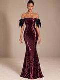 Women’s Burgundy Purple Glamorous Sequin Off-Shoulder Short Sleeve Mermaid Maxi Dress with Black Bow Detail