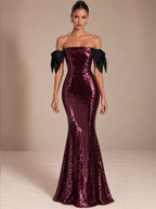 Women’s Burgundy Purple Glamorous Sequin Off-Shoulder Short Sleeve Mermaid Maxi Dress with Black Bow Detail