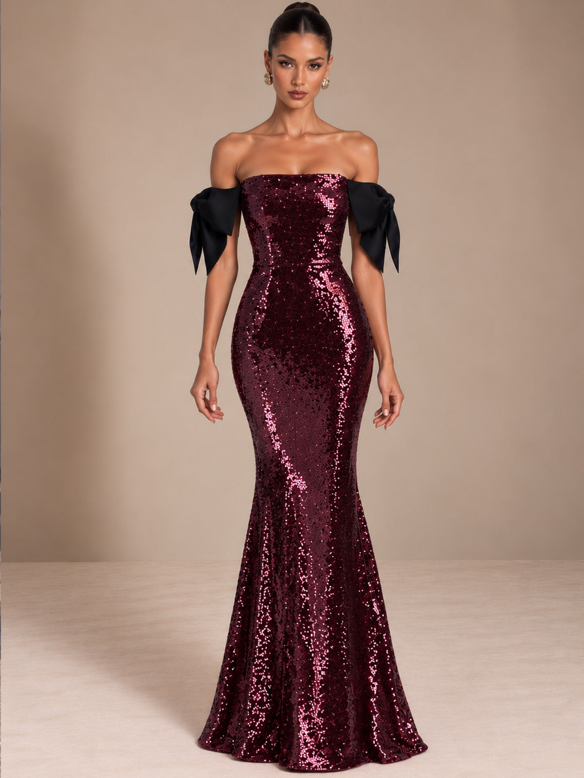 Women’s Burgundy Purple Glamorous Sequin Off-Shoulder Short Sleeve Mermaid Maxi Dress with Black Bow Detail