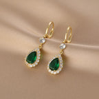 Women’s Gold-Tone Emerald Green Teardrop Rhinestone Halo Drop Earrings