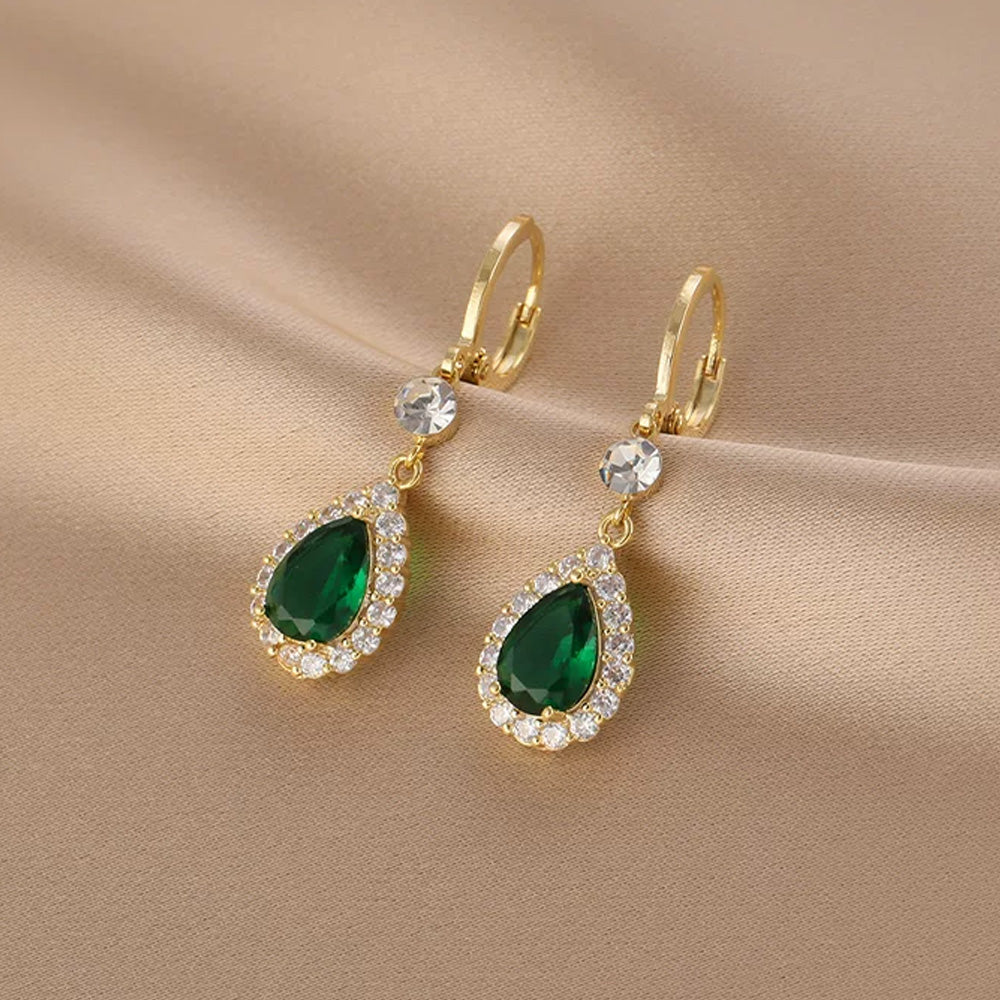 Women’s Gold-Tone Emerald Green Teardrop Rhinestone Halo Drop Earrings