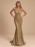 Women’s Gold Glamorous Sequin Square Neck Halter Sleeveless Mermaid Maxi Dress with Ruched Hip Detail