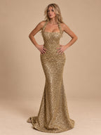 Women’s Gold Glamorous Sequin Square Neck Halter Sleeveless Mermaid Maxi Dress with Ruched Hip Detail